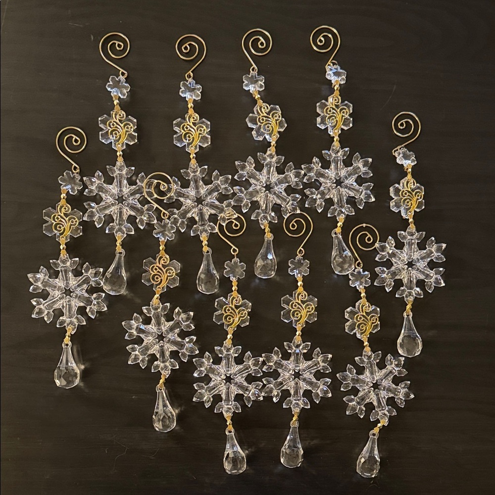 Set of 10 Elegant Gold and Clear Snowflake Ornaments